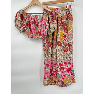 Petal & Pup Pink Floral Hart Top & Pant Matching Set Flowy Ruffle Size 6/Medium